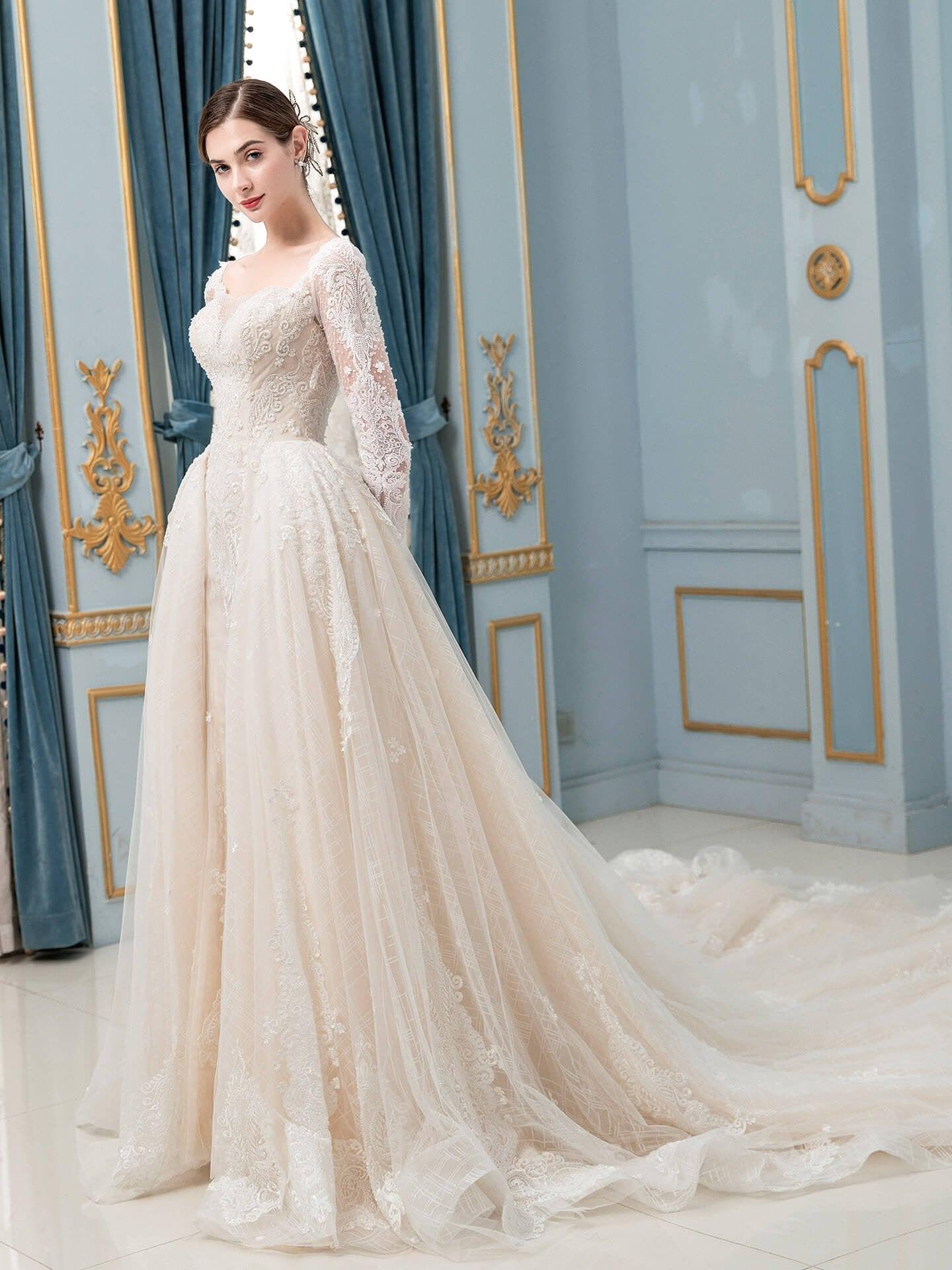 Vestido de novia de corte A/sirena con encaje, cuentas y escote en V, manga larga, largo hasta el suelo 