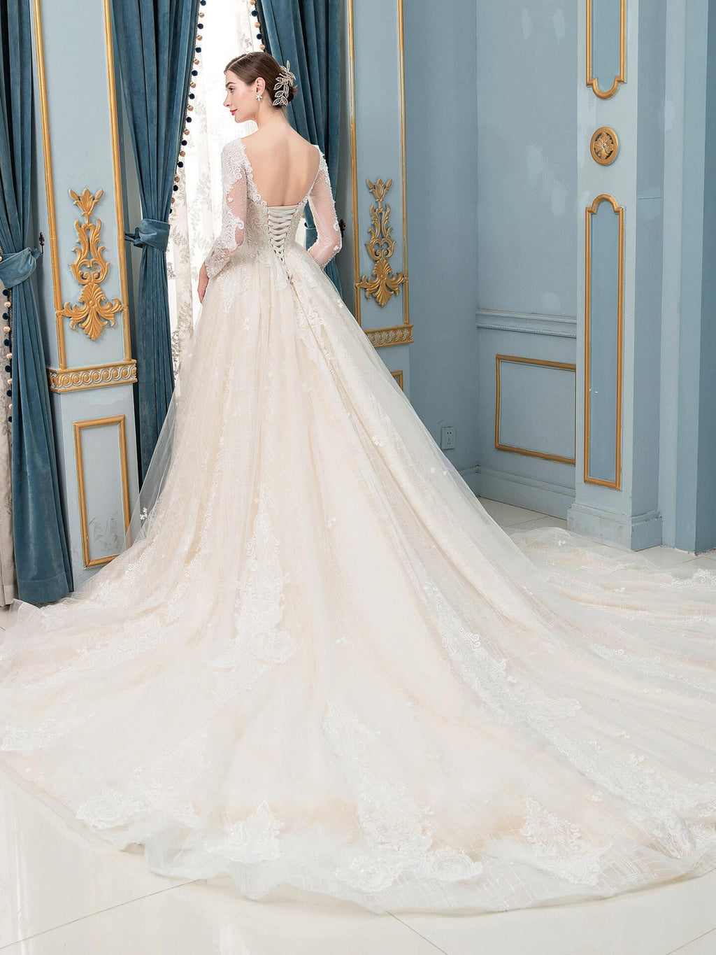 Vestido de novia de corte A/sirena con encaje, cuentas y escote en V, manga larga, largo hasta el suelo 