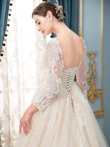 Vestido de novia de corte A/sirena con encaje, cuentas y escote en V, manga larga, largo hasta el suelo 