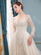 Vestido de novia de corte A/sirena con encaje, cuentas y escote en V, manga larga, largo hasta el suelo 