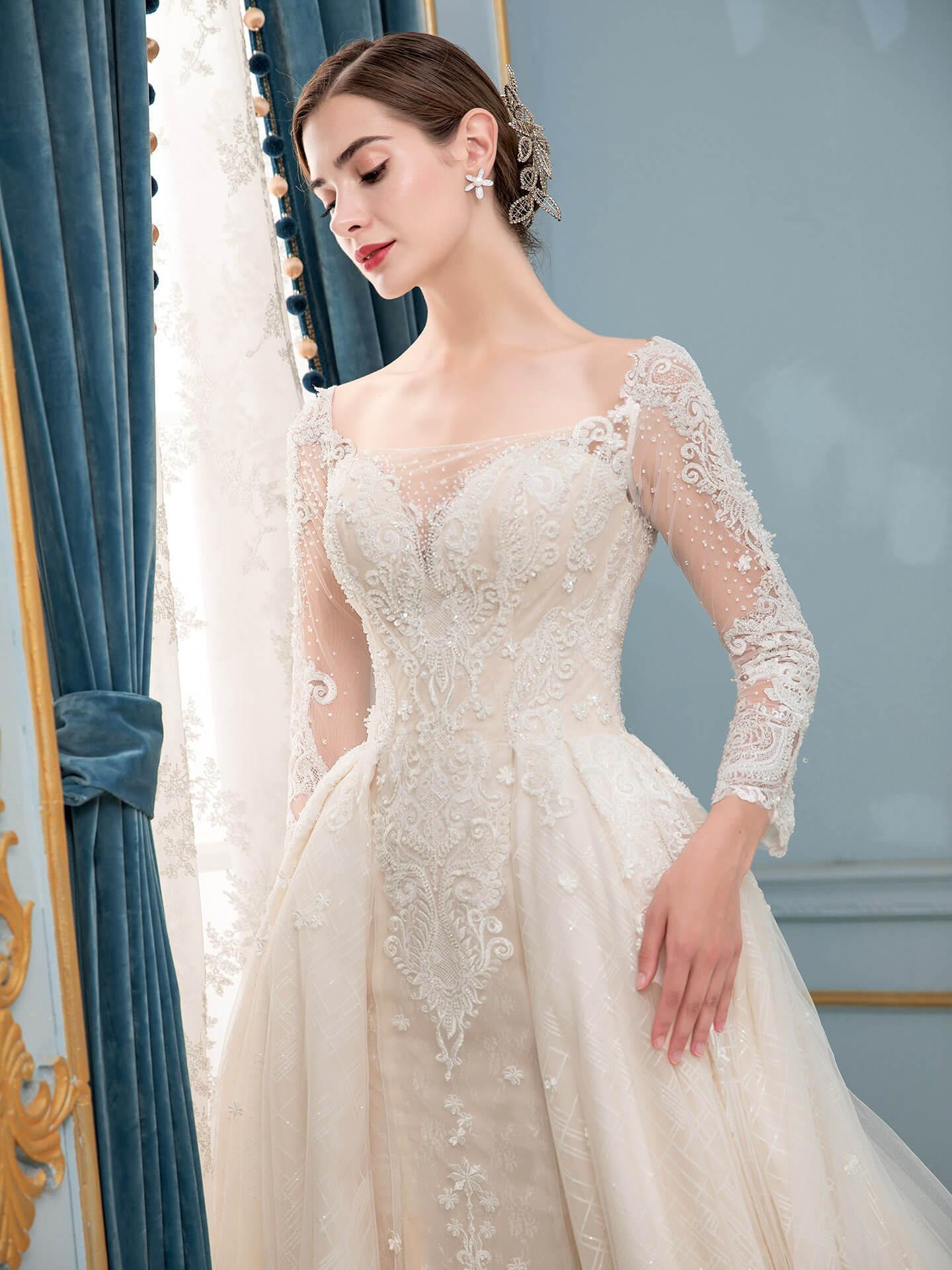 Vestido de novia de corte A/sirena con encaje, cuentas y escote en V, manga larga, largo hasta el suelo 