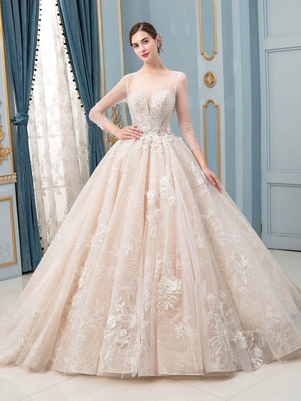 Robe de mariée de style bal, luxueuse, perlée, longueur au sol, manches longues 