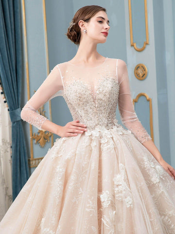Ball Gown Wedding Dresses Beaded Luxurious Floor Length Long Sleeve