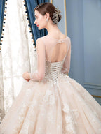 Robe de mariée de style bal, luxueuse, perlée, longueur au sol, manches longues 