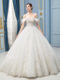 Robe de mariée de style bal, luxueuse, perlée, longueur au sol, épaules dénudées, manches courtes 