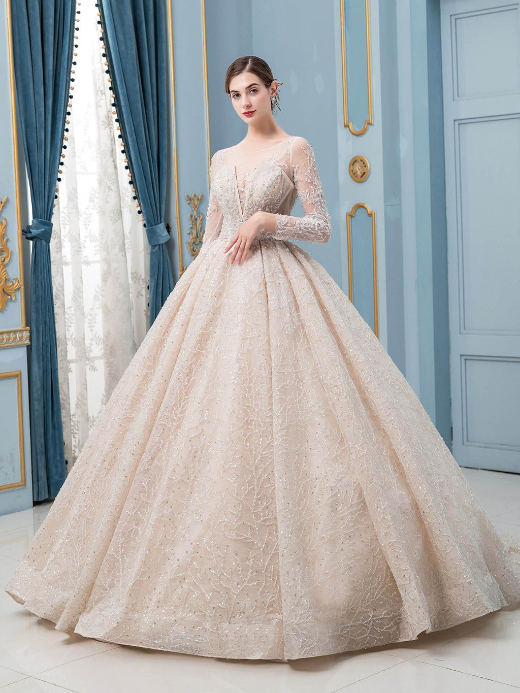 Robe de mariée de style bal, luxueuse, perlée, longueur au sol, manches longues 