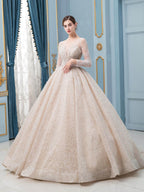 Robe de mariée de style bal, luxueuse, perlée, longueur au sol, manches longues 