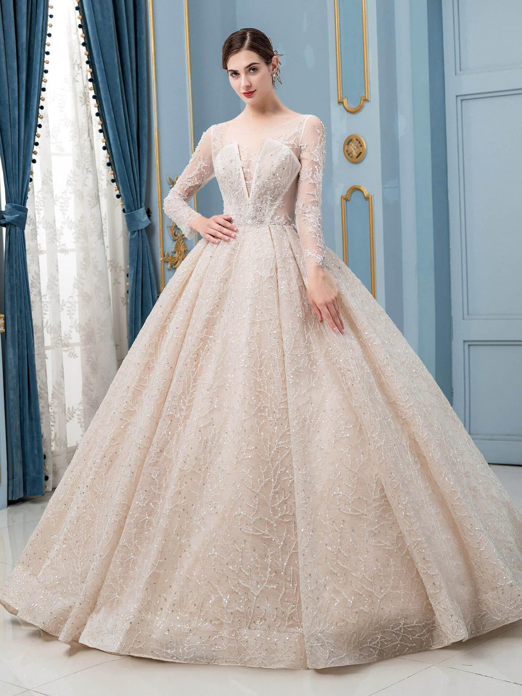 Robe de mariée de style bal, luxueuse, perlée, longueur au sol, manches longues 