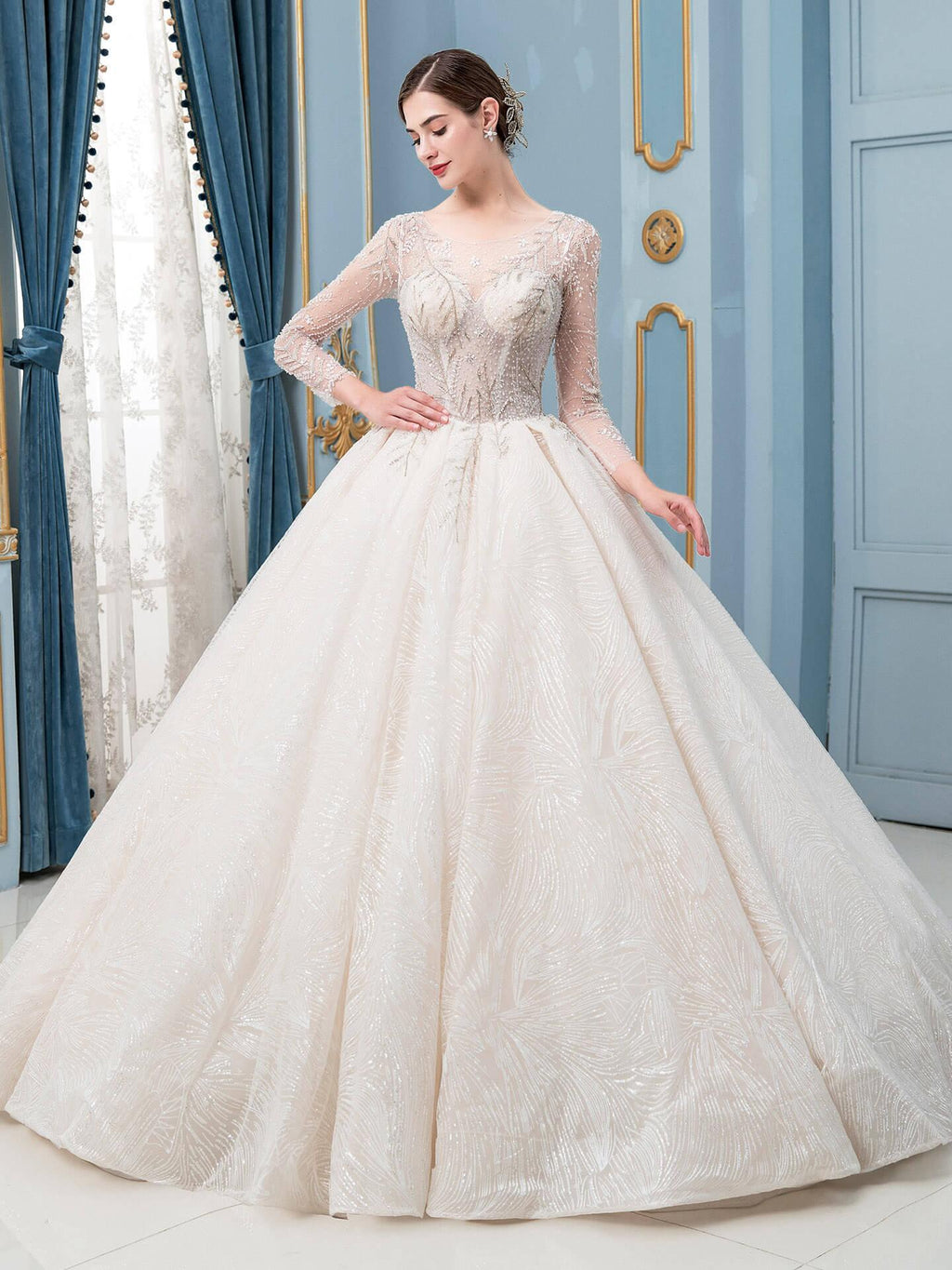 Robe de mariée de style bal, luxueuse, perlée, longueur au sol, manches longues 