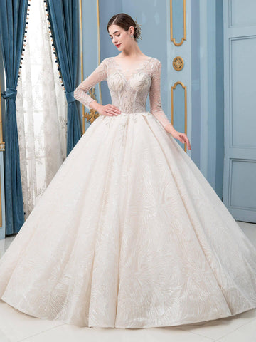 Ball Gown Wedding Dresses Beaded Luxurious Floor Length Long Sleeve
