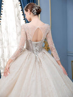 Robe de mariée de style bal, luxueuse, perlée, longueur au sol, manches longues 