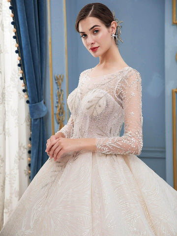 Ball Gown Wedding Dresses Beaded Luxurious Floor Length Long Sleeve