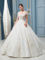 Vestidos de novia estilo gala con apliques de encaje y cuentas, lujosos, hombros descubiertos, largo hasta el suelo, cola larga 