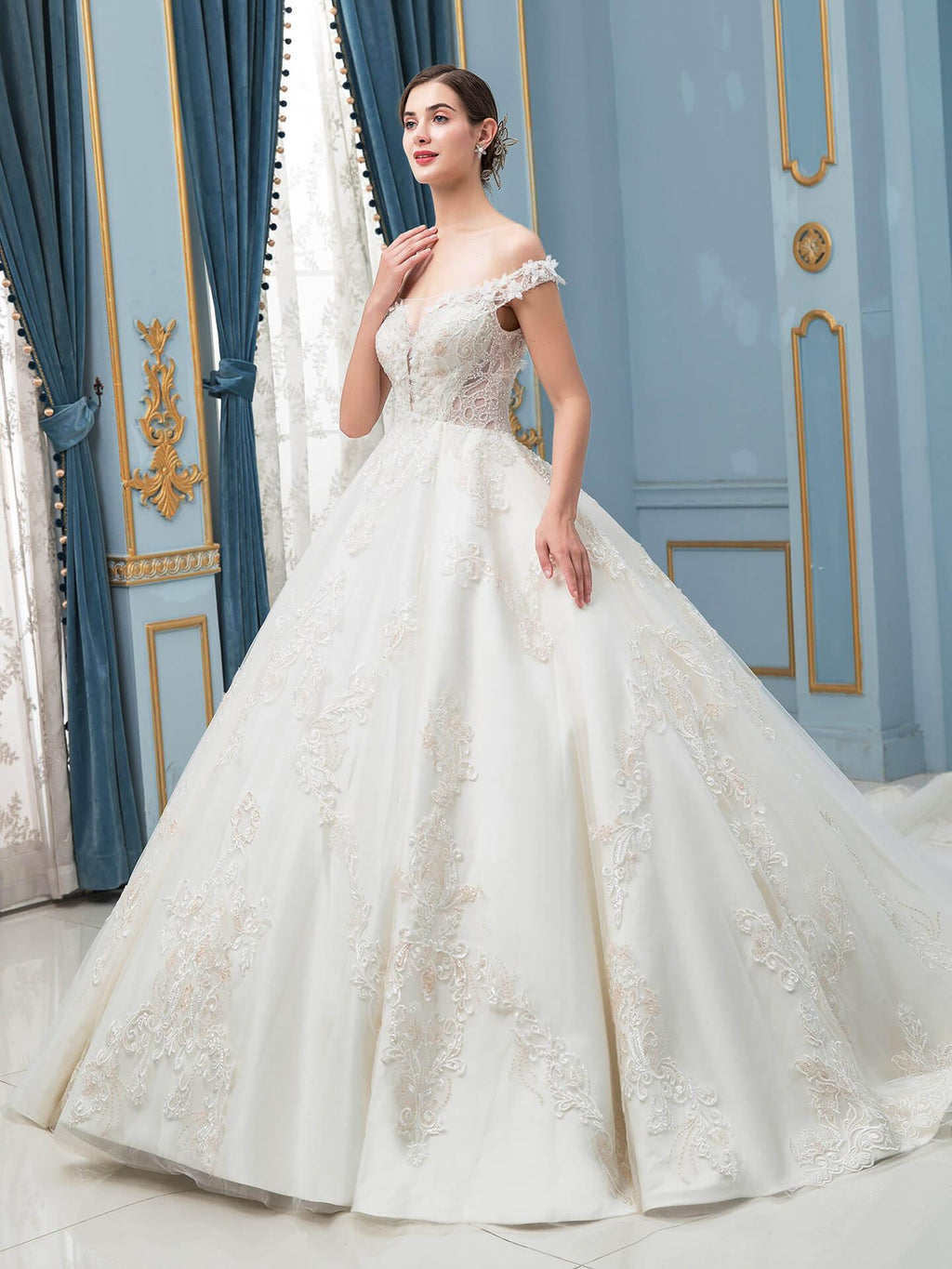 Vestidos de novia estilo gala con apliques de encaje y cuentas, lujosos, hombros descubiertos, largo hasta el suelo, cola larga 