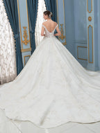 Vestidos de novia estilo gala con apliques de encaje y cuentas, lujosos, hombros descubiertos, largo hasta el suelo, cola larga 