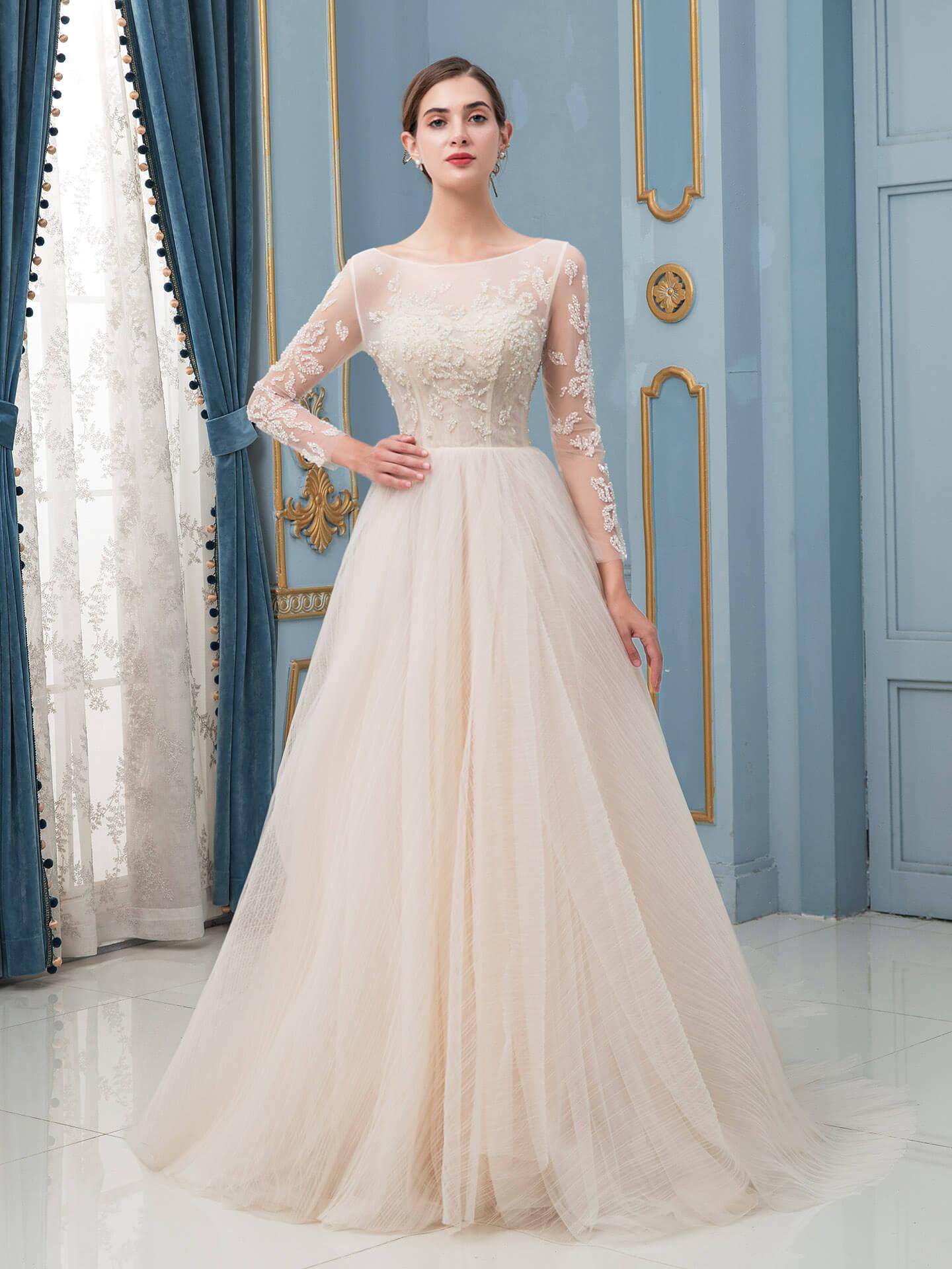Vestidos de novia de tul con cuentas y corte en A, manga larga hasta el suelo con cola larga 