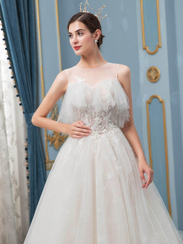 A-line Tulle Beaded Wedding Dresses Sleeveless Floor Length With Long Train