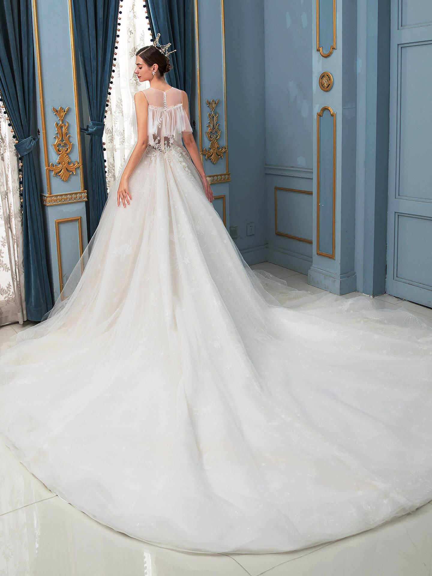 Vestidos de novia de tul con cuentas y corte en A, sin mangas, hasta el suelo y con cola larga 