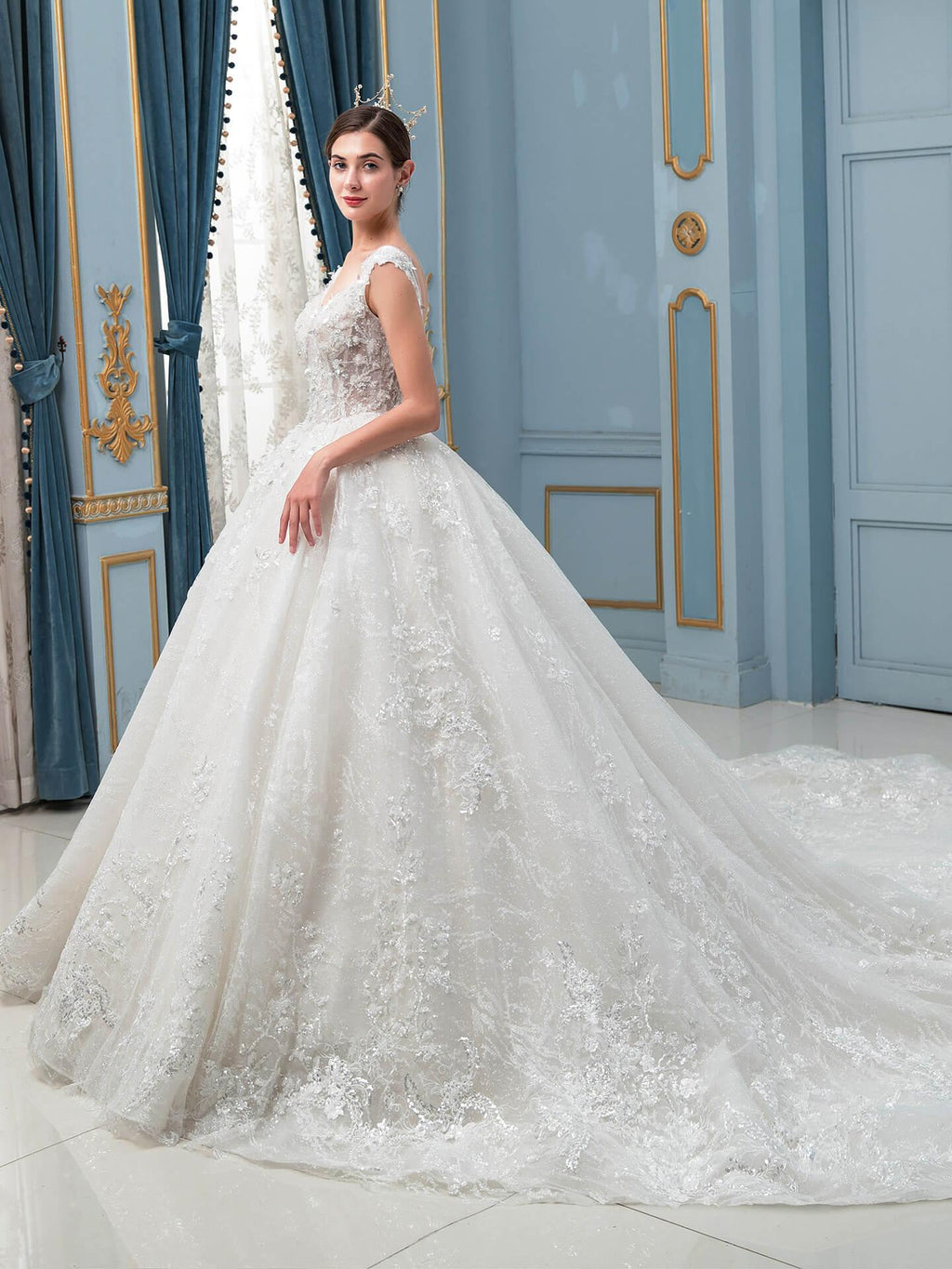 Vestidos de novia de estilo gala, hechos a mano, con cuentas, lujosos, largos hasta el suelo, sin mangas, con cola larga 