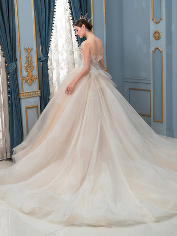 A-line Tulle Beaded Wedding Dresses Sleeveless Floor Length With Train