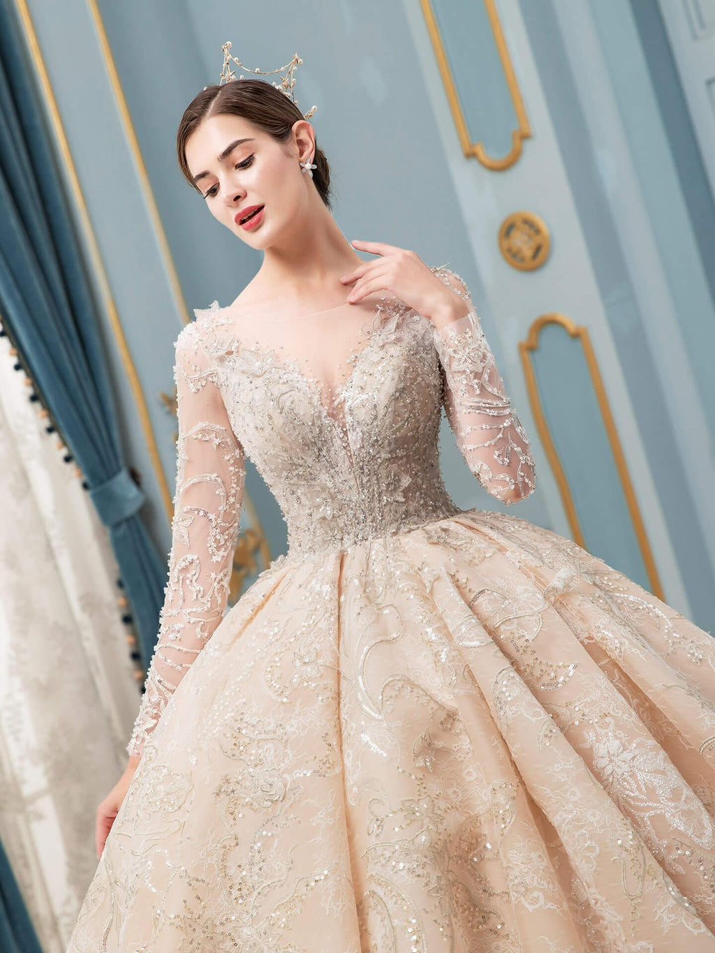 Vestidos de novia de estilo gala, hechos a mano, con cuentas, lujosos, largos hasta el suelo, manga larga y cola larga. 