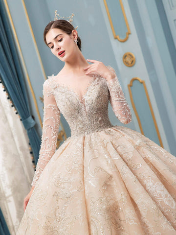 Ball Gown Wedding Dresses Handmade Beaded Luxurious Floor Length Long Sleeve With Long Train
