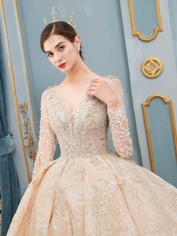 Ball Gown Wedding Dresses Handmade Beaded Luxurious Floor Length Long Sleeve With Long Train