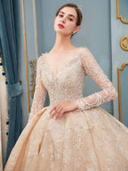 Vestidos de novia de estilo gala, hechos a mano, con cuentas, lujosos, largos hasta el suelo, manga larga y cola larga. 