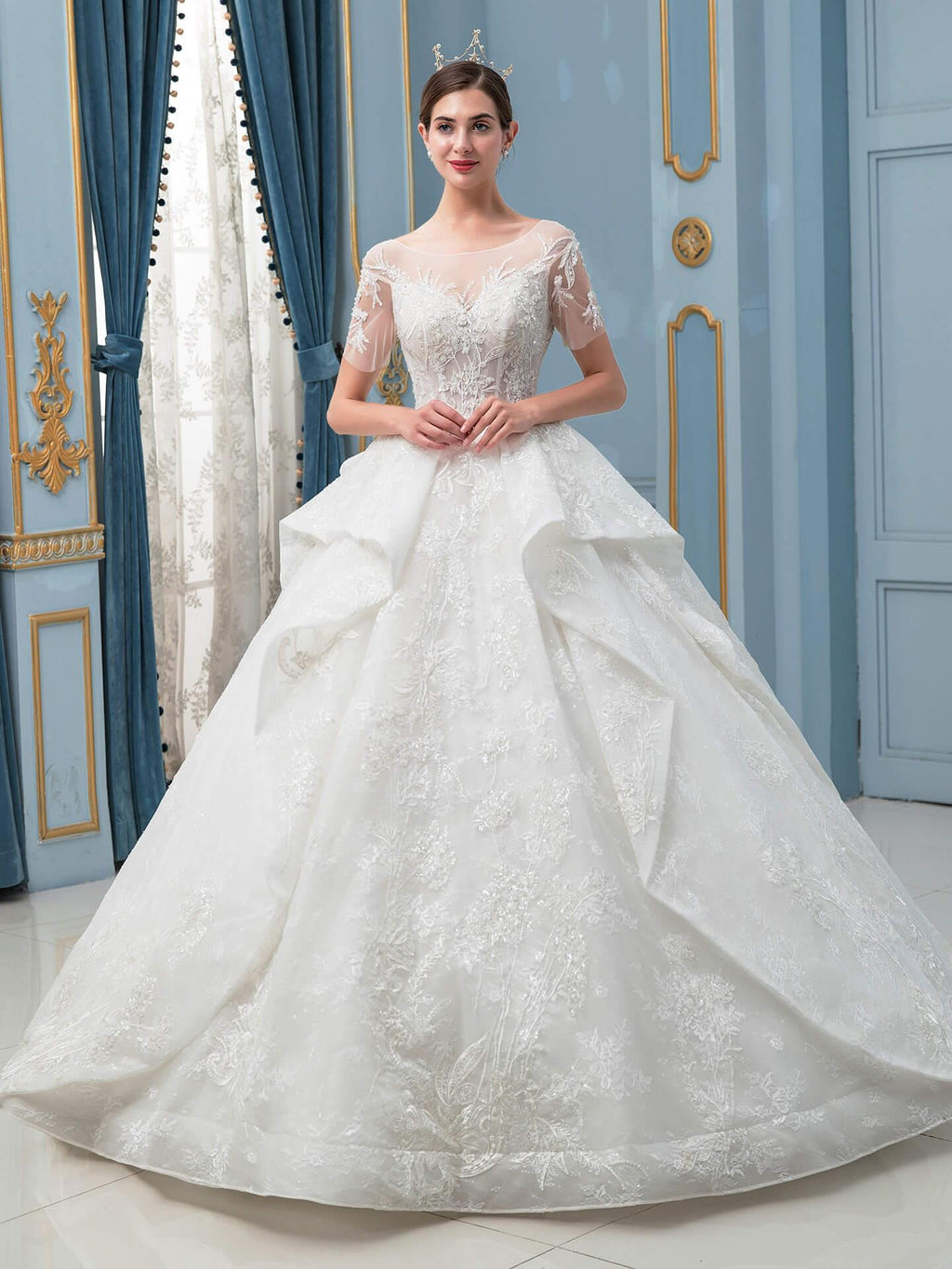 Vestidos de novia de estilo gala, hechos a mano, con cuentas, lujosos, largos hasta el suelo, manga corta y cola larga. 