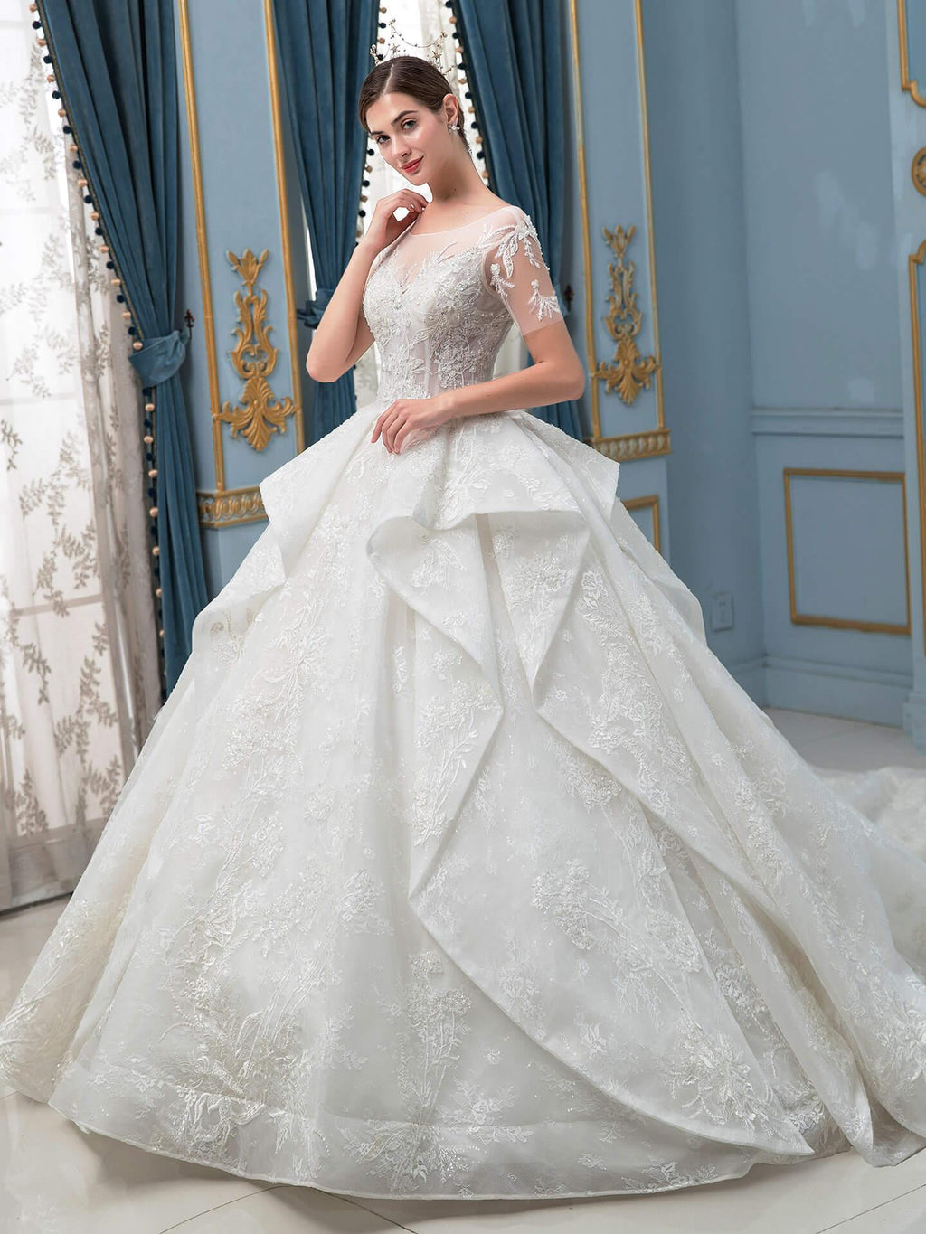 Vestidos de novia de estilo gala, hechos a mano, con cuentas, lujosos, largos hasta el suelo, manga corta y cola larga. 