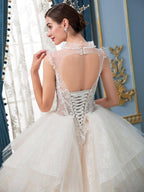 Vestidos de novia de estilo gala, hechos a mano, con cuentas, lujosos, largos hasta el suelo, sin mangas y con cola larga 