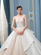 Vestidos de novia de estilo gala, hechos a mano, con cuentas, lujosos, largos hasta el suelo, sin mangas y con cola larga 
