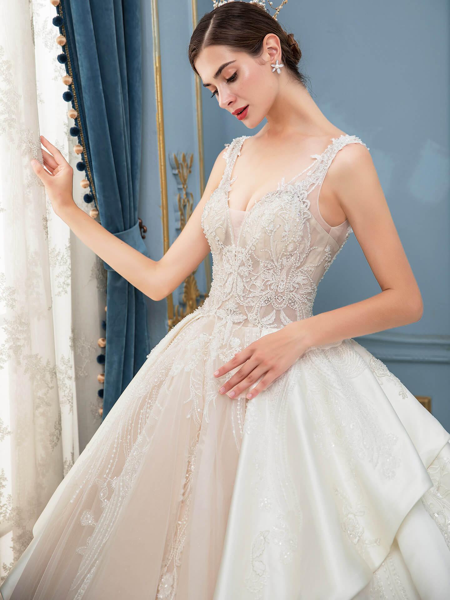 Vestidos de novia de estilo gala, hechos a mano, con cuentas, lujosos, largos hasta el suelo, sin mangas y con cola larga 