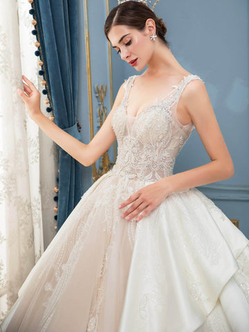 Ball Gown Wedding Dresses Handmade Beaded Luxurious Floor Length Sleeveless With Long Train