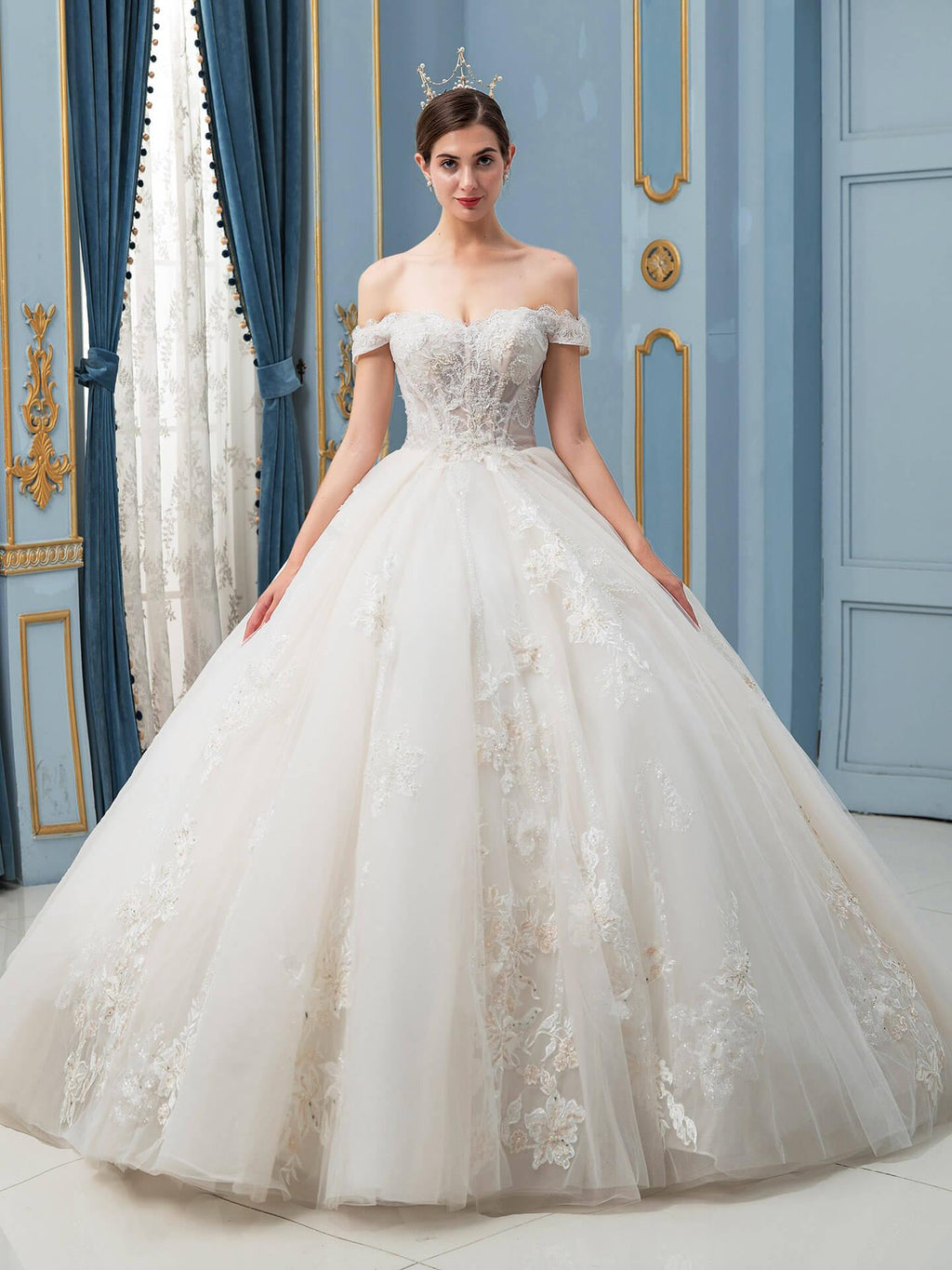 Vestidos de novia de estilo gala, hechos a mano, con cuentas, lujosos, largos hasta el suelo, hombros descubiertos y cola larga. 