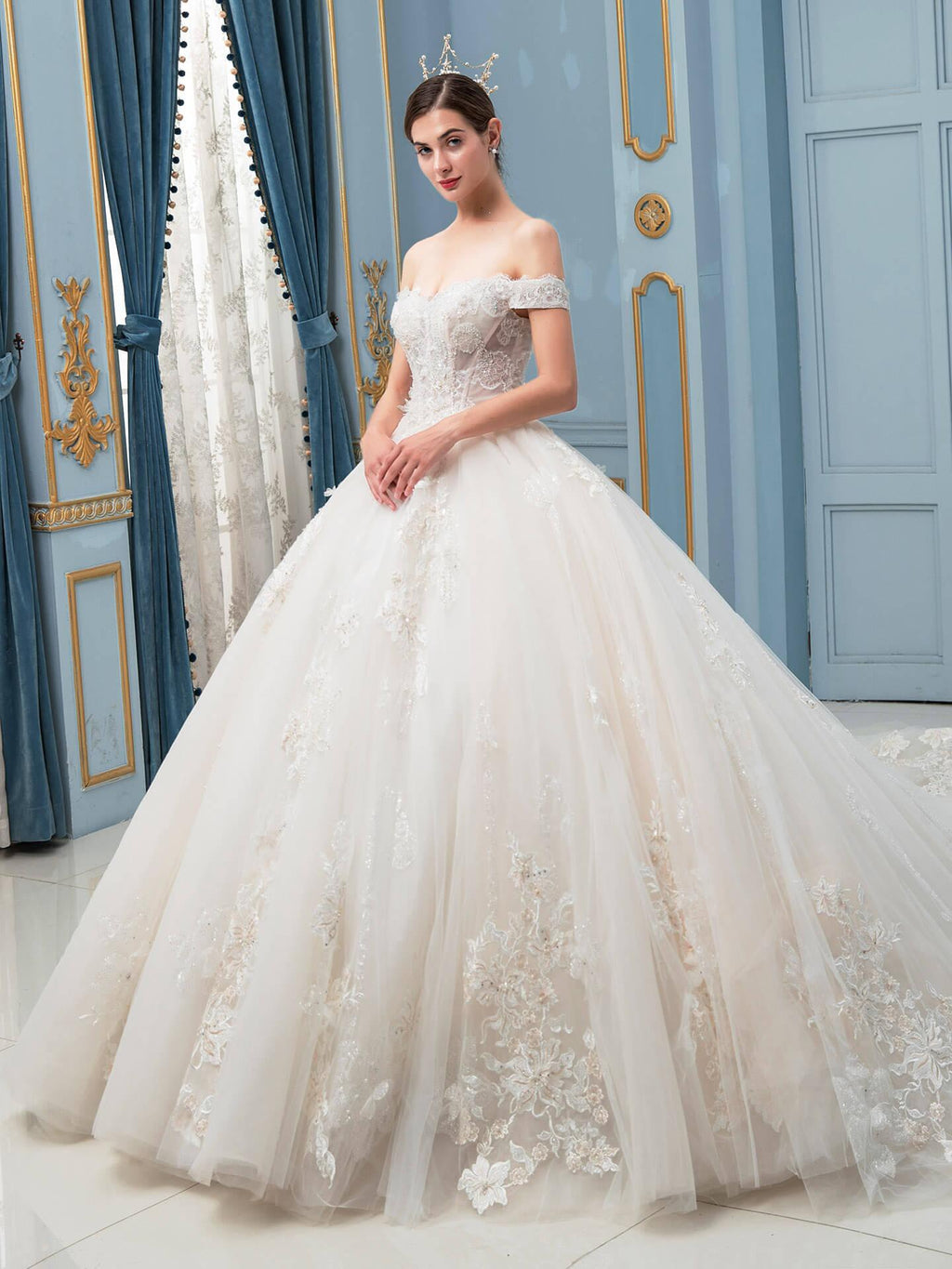 Vestidos de novia de estilo gala, hechos a mano, con cuentas, lujosos, largos hasta el suelo, hombros descubiertos y cola larga. 
