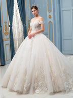 Vestidos de novia de estilo gala, hechos a mano, con cuentas, lujosos, largos hasta el suelo, hombros descubiertos y cola larga. 