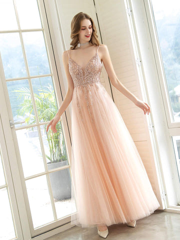 Robe de bal de fiançailles féerique scintillante trapèze à bretelles spaghetti sans manches longueur au sol en tulle avec plis et paillettes 