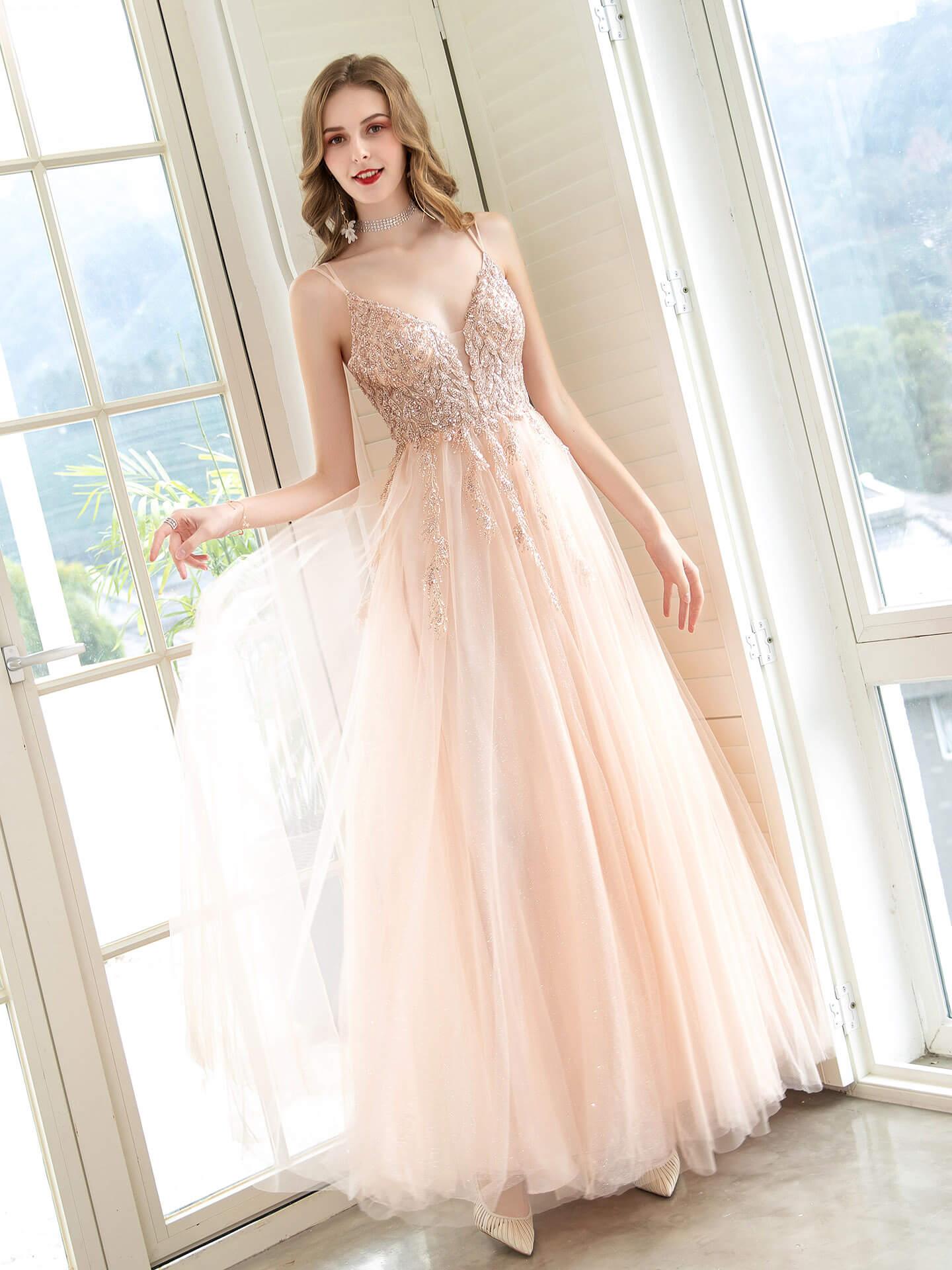 Vestido de fiesta de graduación con corte A y brillantes de hada, tirantes finos, sin mangas, largo hasta el suelo, de tul con pliegues y lentejuelas 