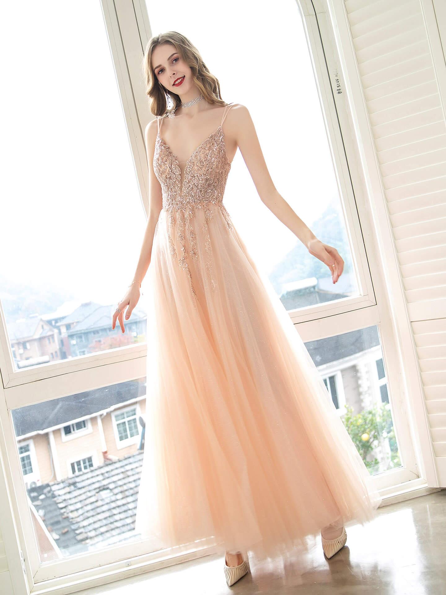 Vestido de fiesta de graduación con corte A y brillantes de hada, tirantes finos, sin mangas, largo hasta el suelo, de tul con pliegues y lentejuelas 