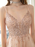 Vestido de fiesta de graduación con corte A y brillantes de hada, tirantes finos, sin mangas, largo hasta el suelo, de tul con pliegues y lentejuelas 