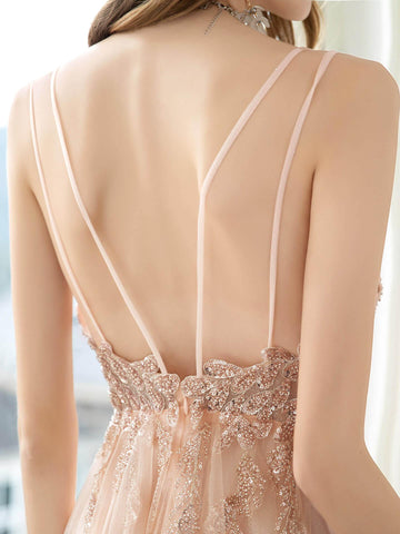 Robe de bal de fiançailles féerique scintillante trapèze à bretelles spaghetti sans manches longueur au sol en tulle avec plis et paillettes 