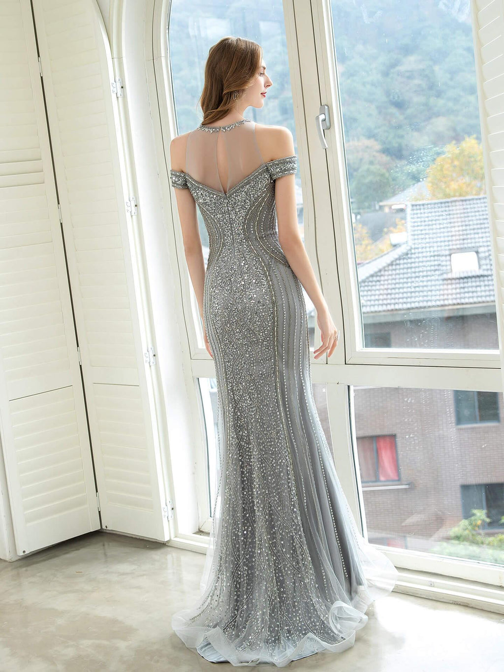 Baoleely Mermaid / Trumpet Luxurious Glittering Fairy Sexy Formal Evening Dresses Prom Dresses Short Sleeves