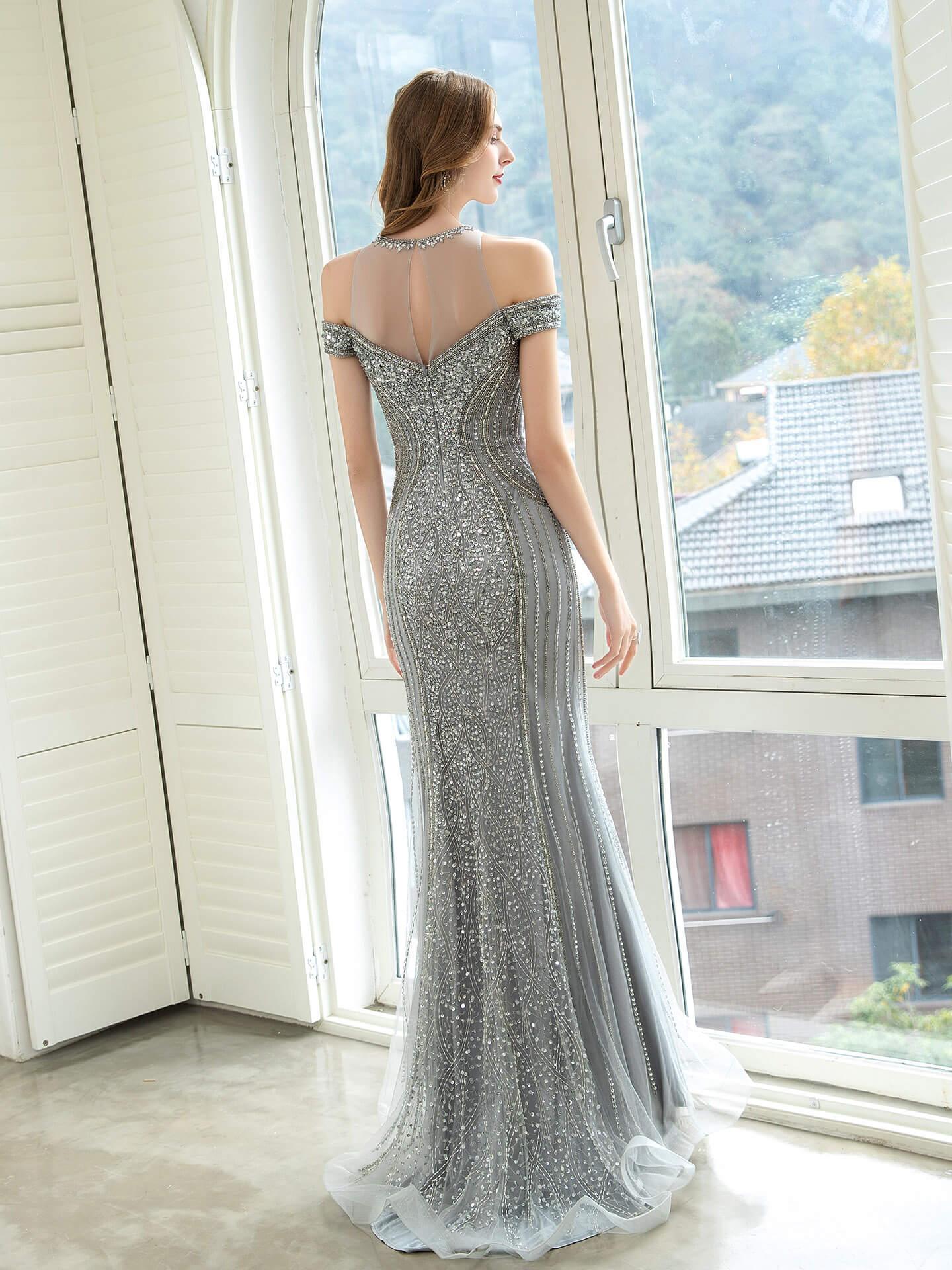 Baoleely Mermaid / Trumpet Luxurious Glittering Fairy Sexy Formal Evening Dresses Prom Dresses Short Sleeves