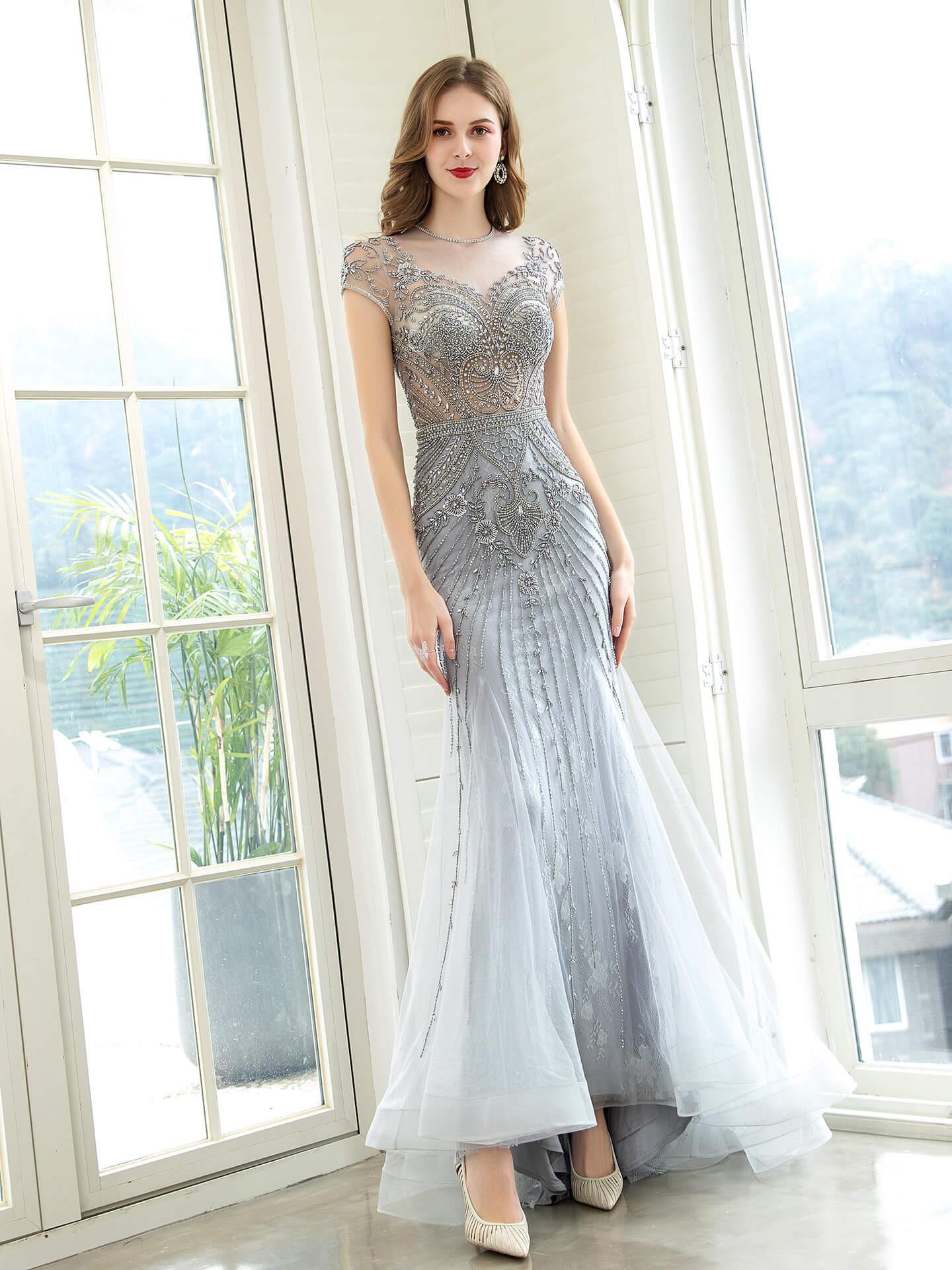 Baoleely Mermaid / Trumpet Luxurious Glittering Fairy Sexy Formal Evening Dresses Short Sleeves