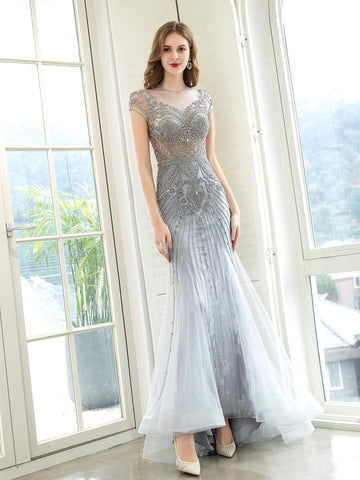 Baoleely Sirena / Trompeta Lujosos Vestidos de Noche Formales de Hada Brillantes y Sexys Manga Corta 