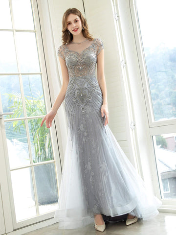 Baoleely Sirena / Trompeta Lujosos Vestidos de Noche Formales de Hada Brillantes y Sexys Manga Corta 