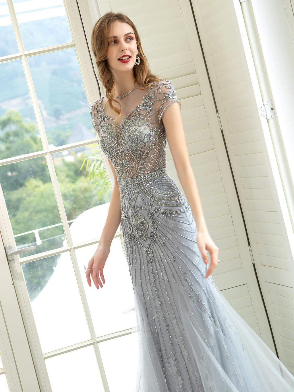 Baoleely Mermaid / Trumpet Luxurious Glittering Fairy Sexy Formal Evening Dresses Short Sleeves