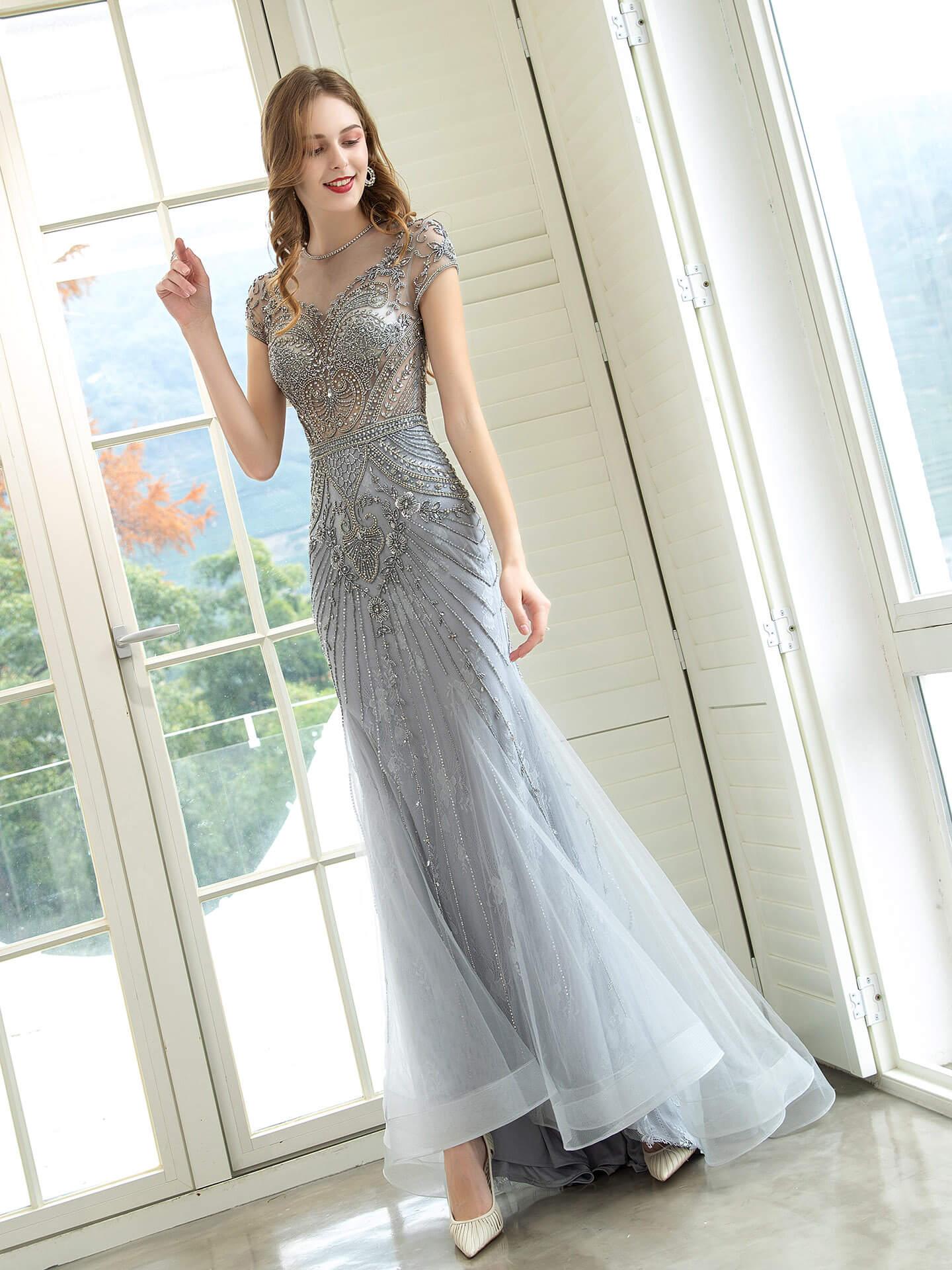 Baoleely Mermaid / Trumpet Luxurious Glittering Fairy Sexy Formal Evening Dresses Short Sleeves
