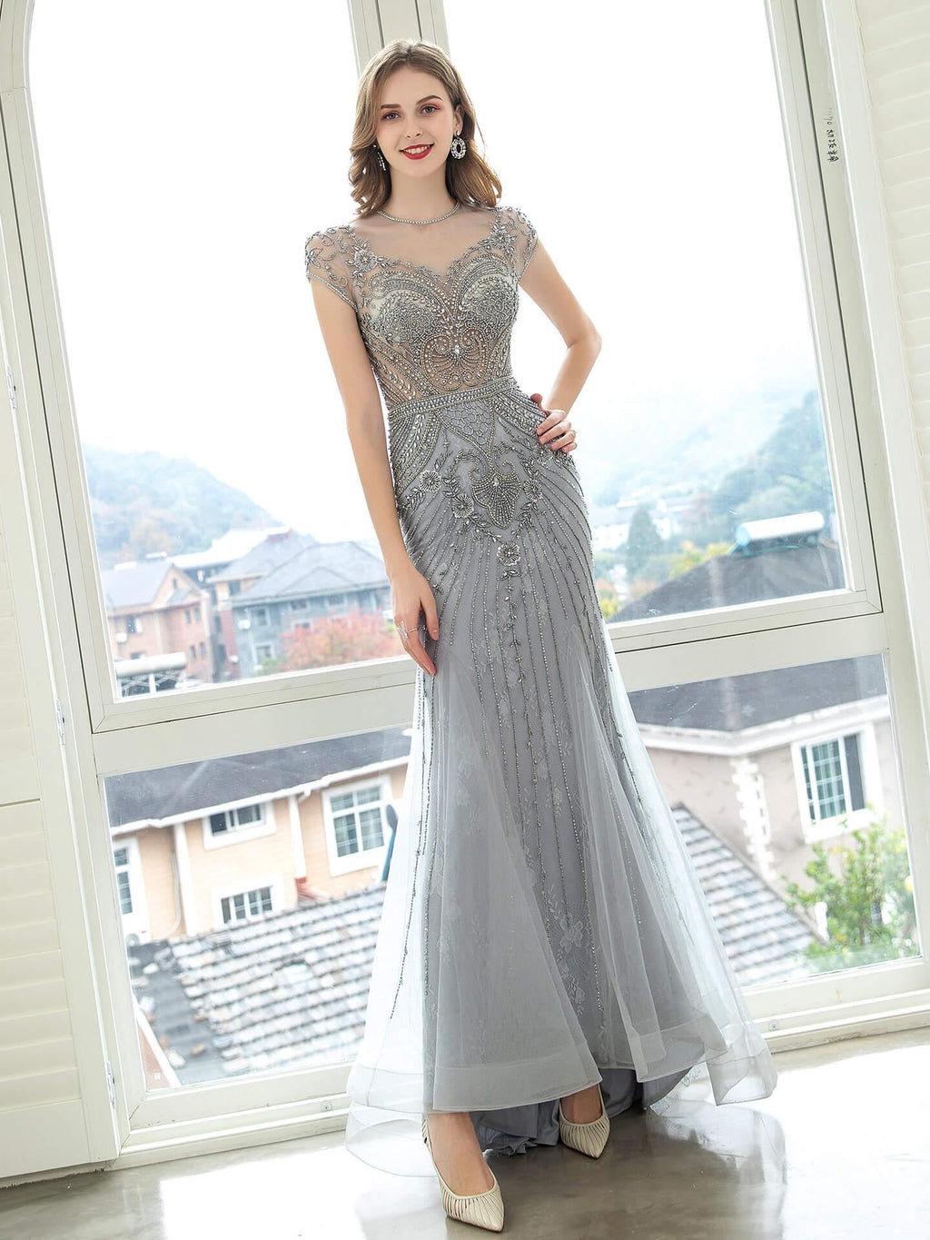Baoleely Mermaid / Trumpet Luxurious Glittering Fairy Sexy Formal Evening Dresses Short Sleeves